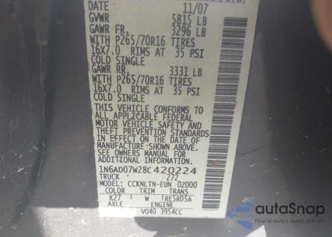 2008 Nissan Frontier Se z USA, uszkodzony, nr VIN 1N6AD07W28C420224